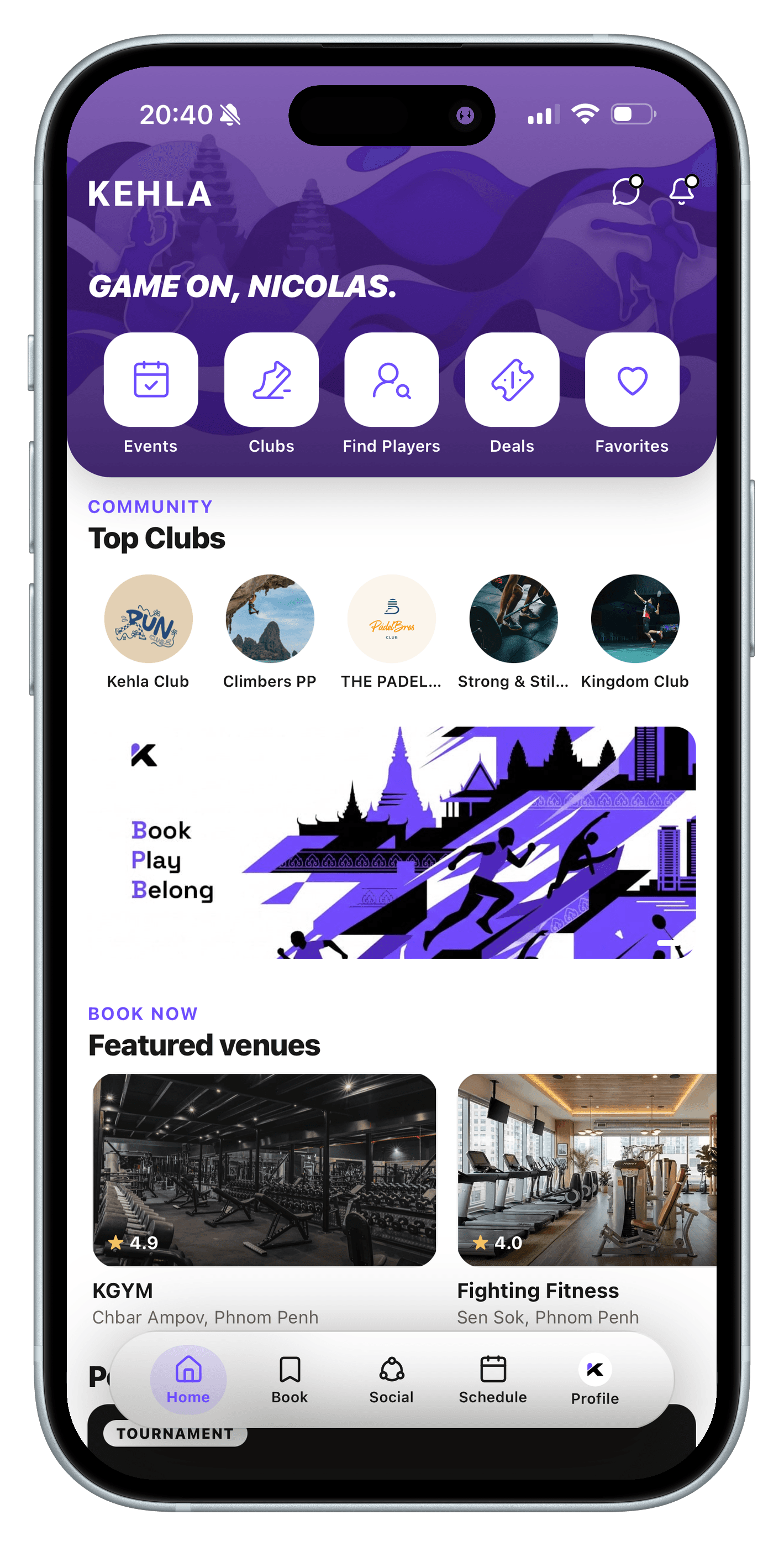 The Kehla app home screen showing top clubs and featured venues