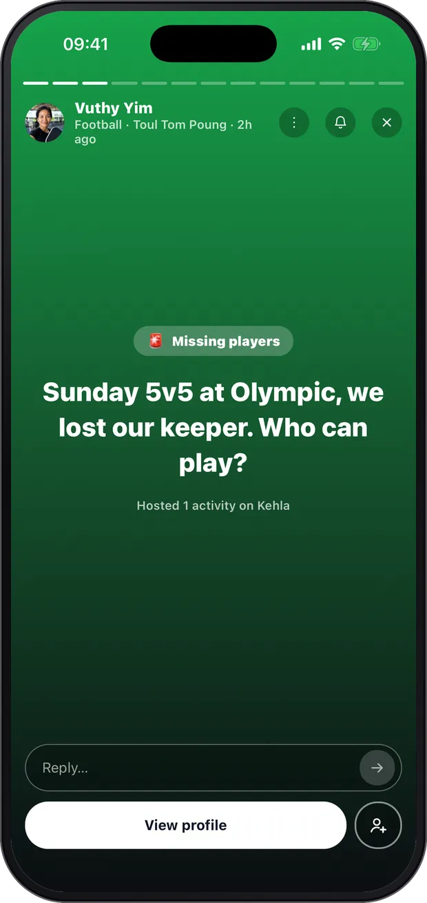 A Shoutout story open in the Kehla app