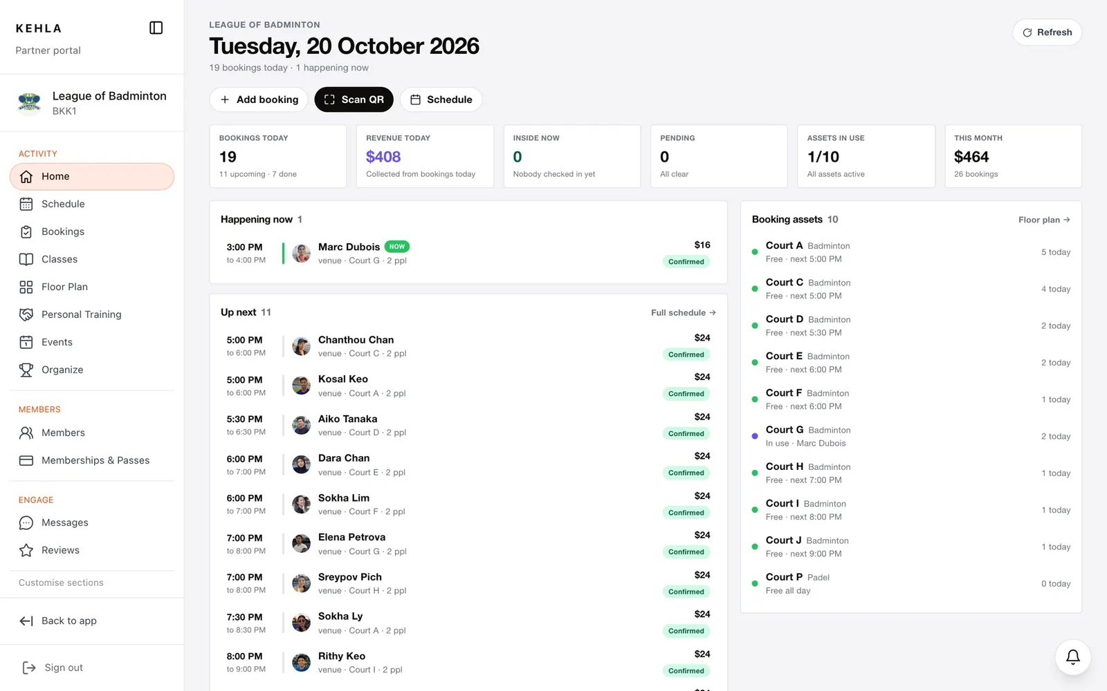 Partner Pro: today's bookings, revenue and courts at a venue