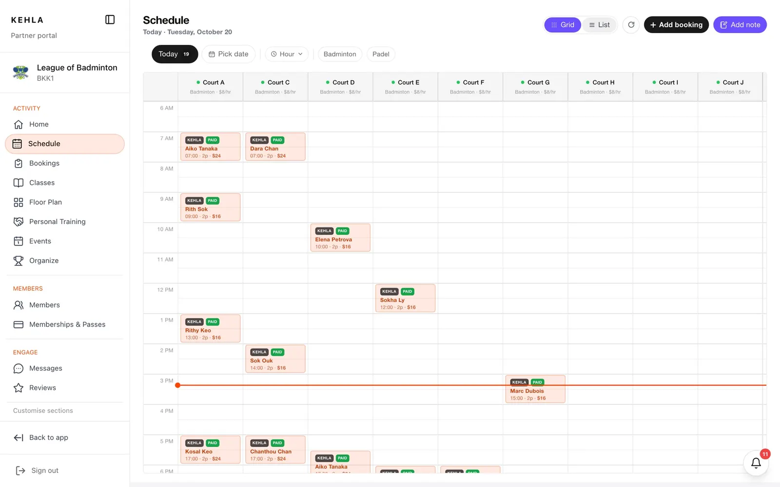 The Partner Pro schedule with the day's court bookings